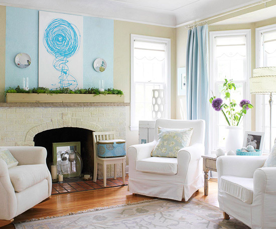 "White and Blue Cottage Living Room"